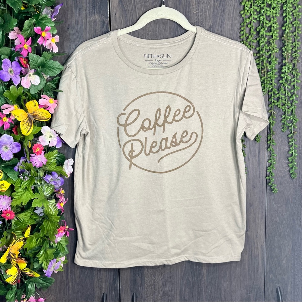 .:🌸5/$25🌸Fifth Sun Printed "Coffee Please" Short Sleeved Top Size Large